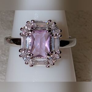 *BP #3656 Amethyst & White Topaz (lab) Rhodium Band Ring Size 7.25 BRAND NEW